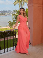 Coquette Coral Chiffon A-Line V-Neck V-Back Ankle-Length Bridesmaid Dress - Curvevia