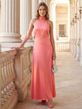 Coquette Coral Satin A-Line Halter neckline Bow Ankle-Length Bridesmaid Dress - Curvevia