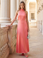 Coquette Coral Satin A-Line Halter neckline Bow Ankle-Length Bridesmaid Dress - Curvevia