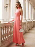 Coquette Coral Satin A-Line Halter neckline Bow Ankle-Length Bridesmaid Dress - Curvevia