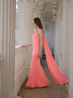 Coquette Coral Satin Mermaid Halter Neck Backless Ankle-Length Bridesmaid Dress - Curvevia