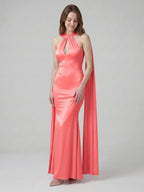 Coquette Coral Satin Mermaid Halter Neck Backless Ankle-Length Bridesmaid Dress - Curvevia