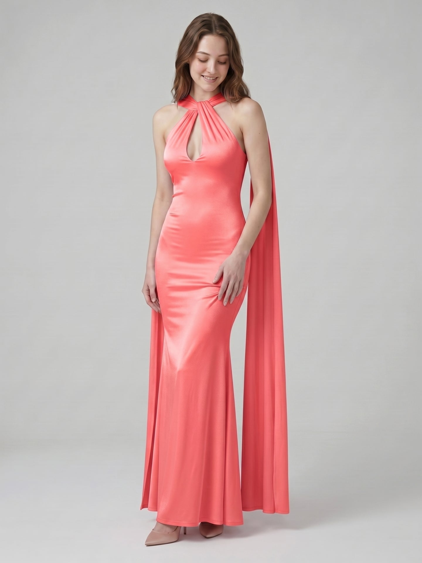 Coquette Coral Satin Mermaid Halter Neck Backless Ankle-Length Bridesmaid Dress - Curvevia