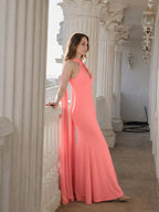 Coquette Coral Satin Mermaid Halter Neck Backless Ankle-Length Bridesmaid Dress - Curvevia