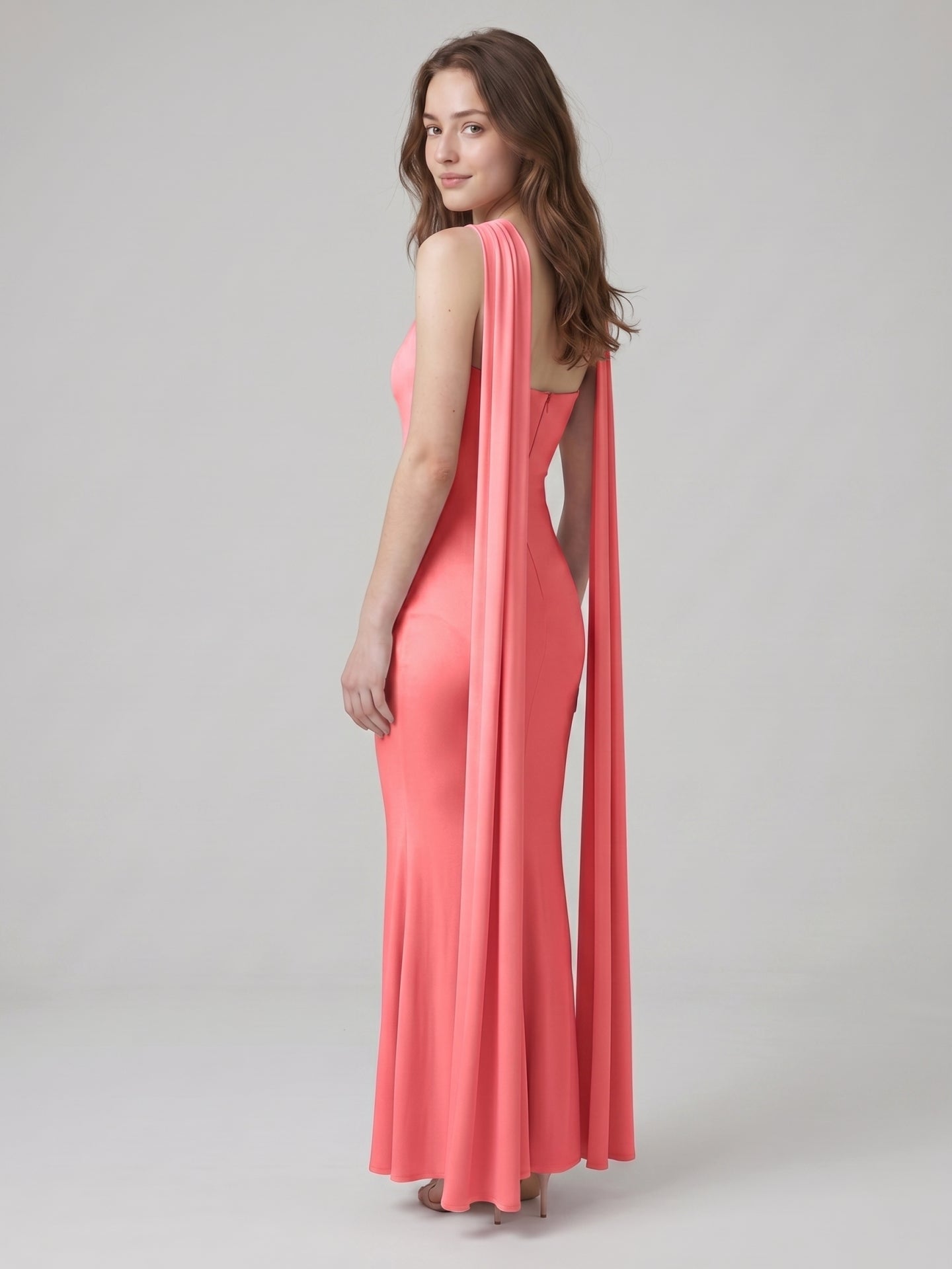 Coquette Coral Satin Mermaid Halter Neck Backless Ankle-Length Bridesmaid Dress - Curvevia