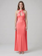 Coquette Coral Satin Mermaid Halter Neck Backless Ankle-Length Bridesmaid Dress - Curvevia