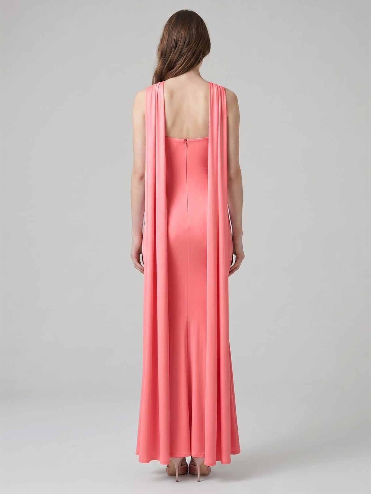 Coquette Coral Satin Mermaid Halter Neck Backless Ankle-Length Bridesmaid Dress - Curvevia