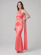 Coquette Coral Satin Mermaid Halter Neck Backless Ankle-Length Bridesmaid Dress - Curvevia