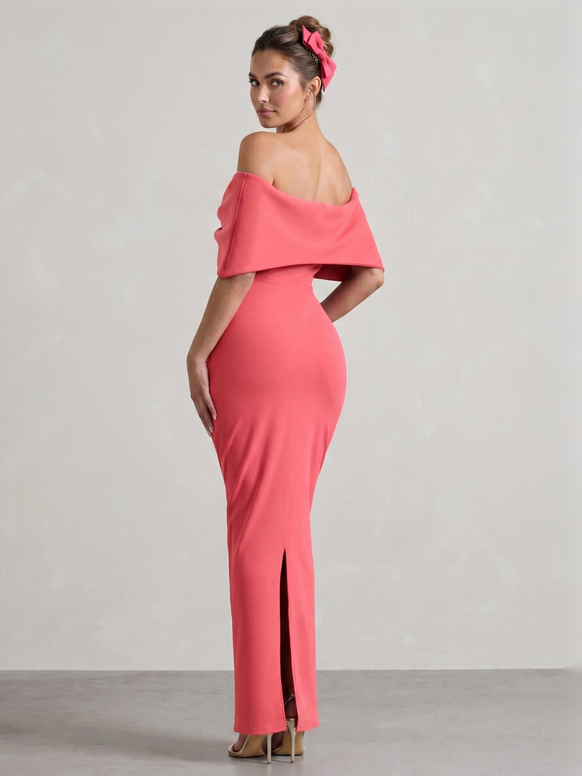 Coquette Coral Stretch Knit Trumpet Off-the-Shoulder Backless with Bow Ankle-Length Bridesmaid Dress - Curvevia