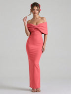 Coquette Coral Stretch Knit Trumpet Off-the-Shoulder Backless with Bow Ankle-Length Bridesmaid Dress - Curvevia