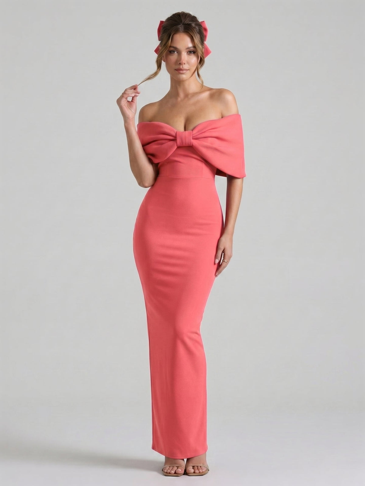 Coquette Coral Stretch Knit Trumpet Off-the-Shoulder Backless with Bow Ankle-Length Bridesmaid Dress - Curvevia