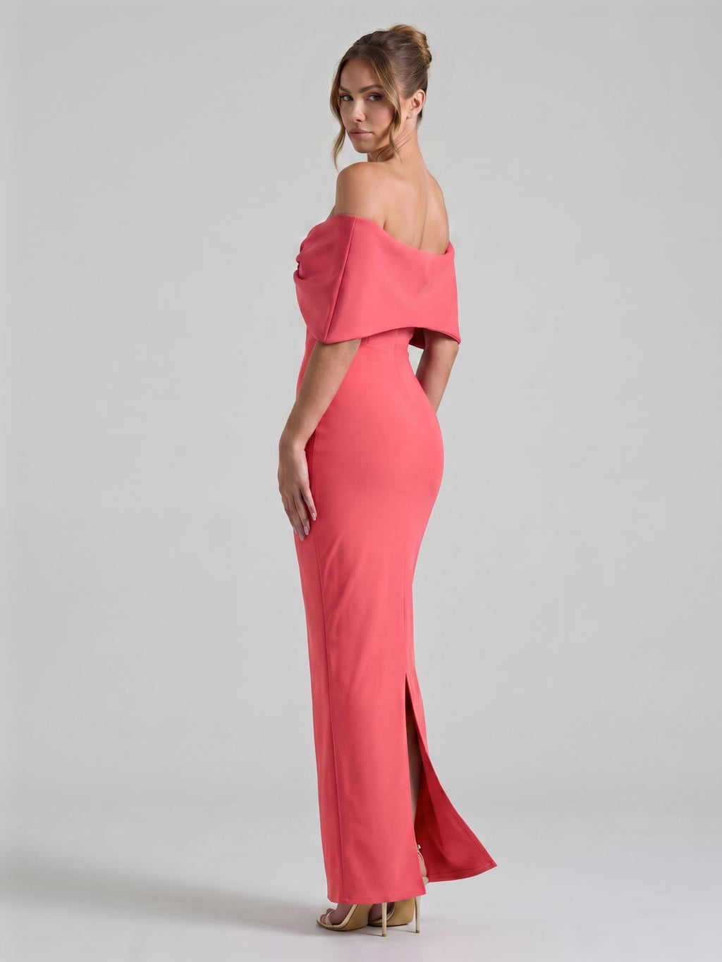 Coquette Coral Stretch Knit Trumpet Off-the-Shoulder Backless with Bow Ankle-Length Bridesmaid Dress - Curvevia