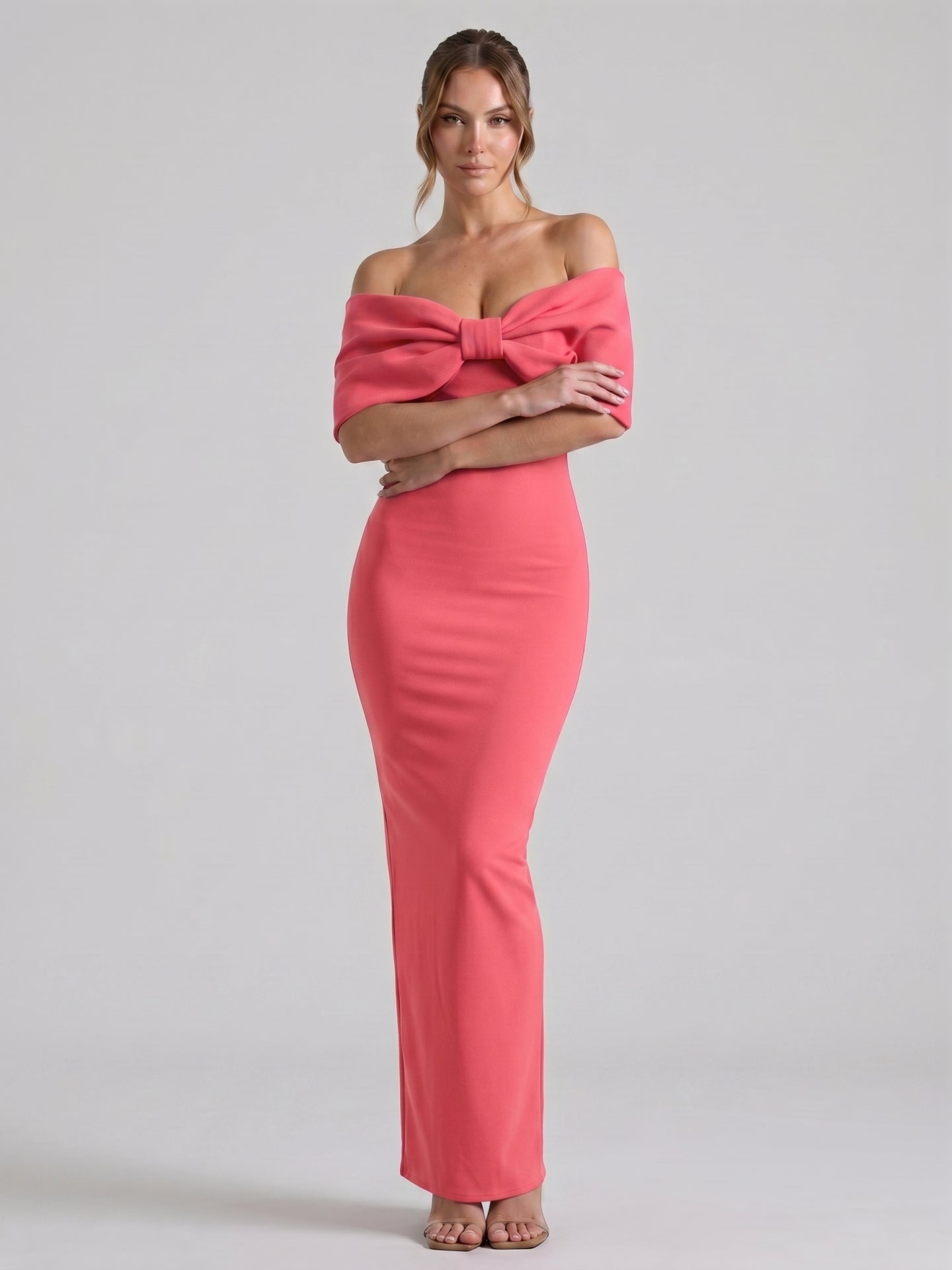 Coquette Coral Stretch Knit Trumpet Off-the-Shoulder Backless with Bow Ankle-Length Bridesmaid Dress - Curvevia