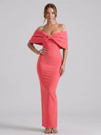Coquette Coral Stretch Knit Trumpet Off-the-Shoulder Backless with Bow Ankle-Length Bridesmaid Dress - Curvevia