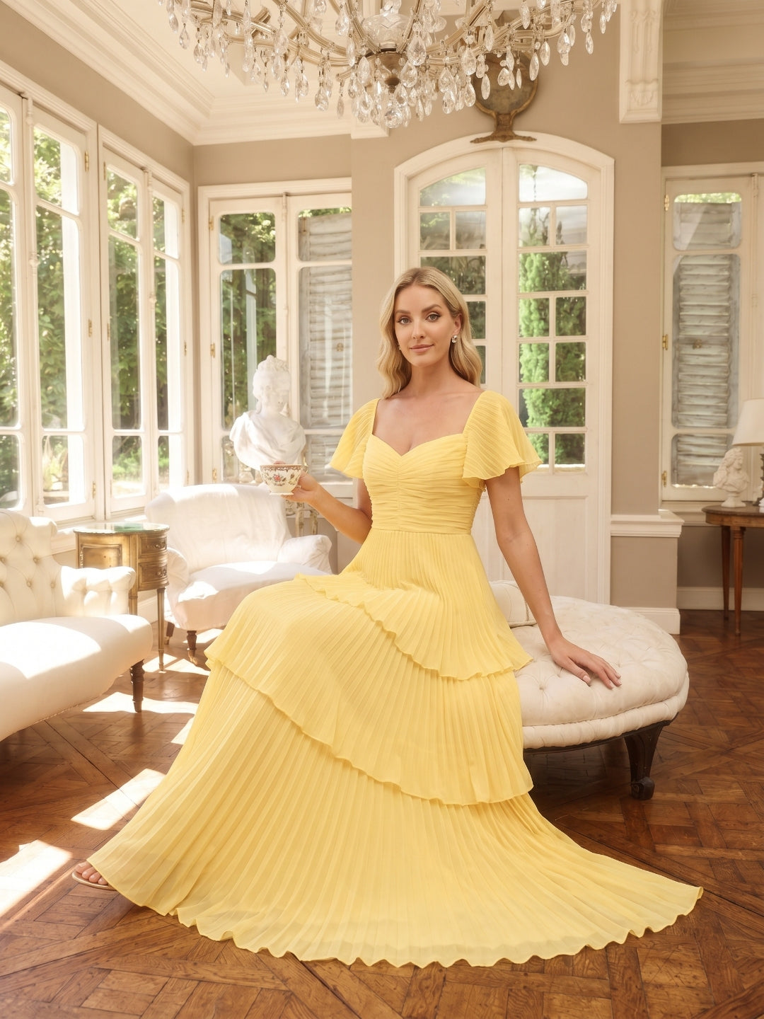 Coquette Daffodil Chiffon A-Line Sweetheart Ankle-Length Bridesmaid Dress with Cascading Ruffles - Curvevia