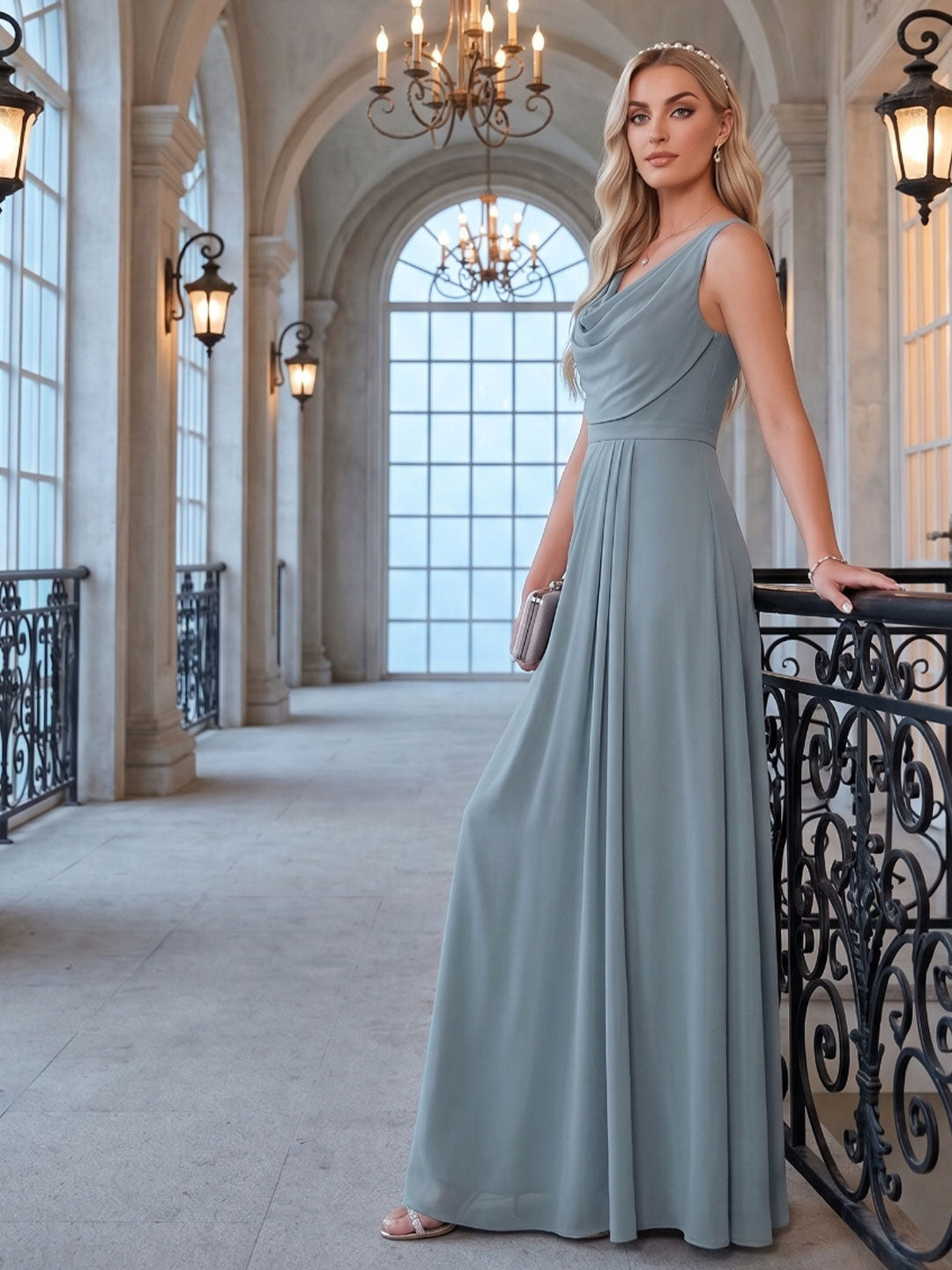 Coquette Dusty Blue Chiffon A-Line Cowl Neck Back Zip with Pleated Ankle-Length Bridesmaid Dress - Curvevia