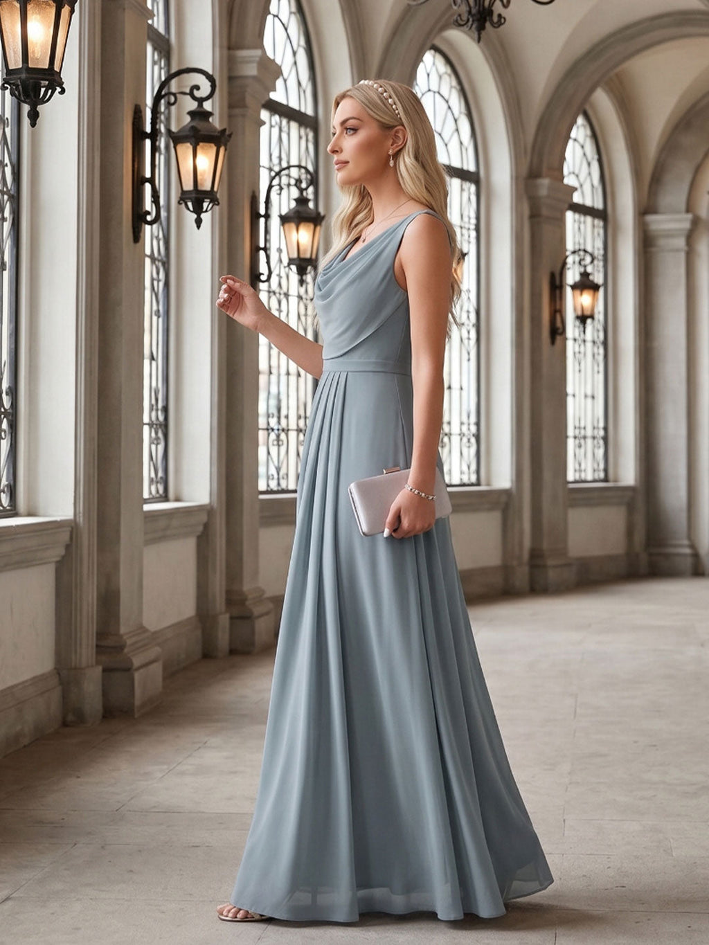 Coquette Dusty Blue Chiffon A-Line Cowl Neck Back Zip with Pleated Ankle-Length Bridesmaid Dress - Curvevia