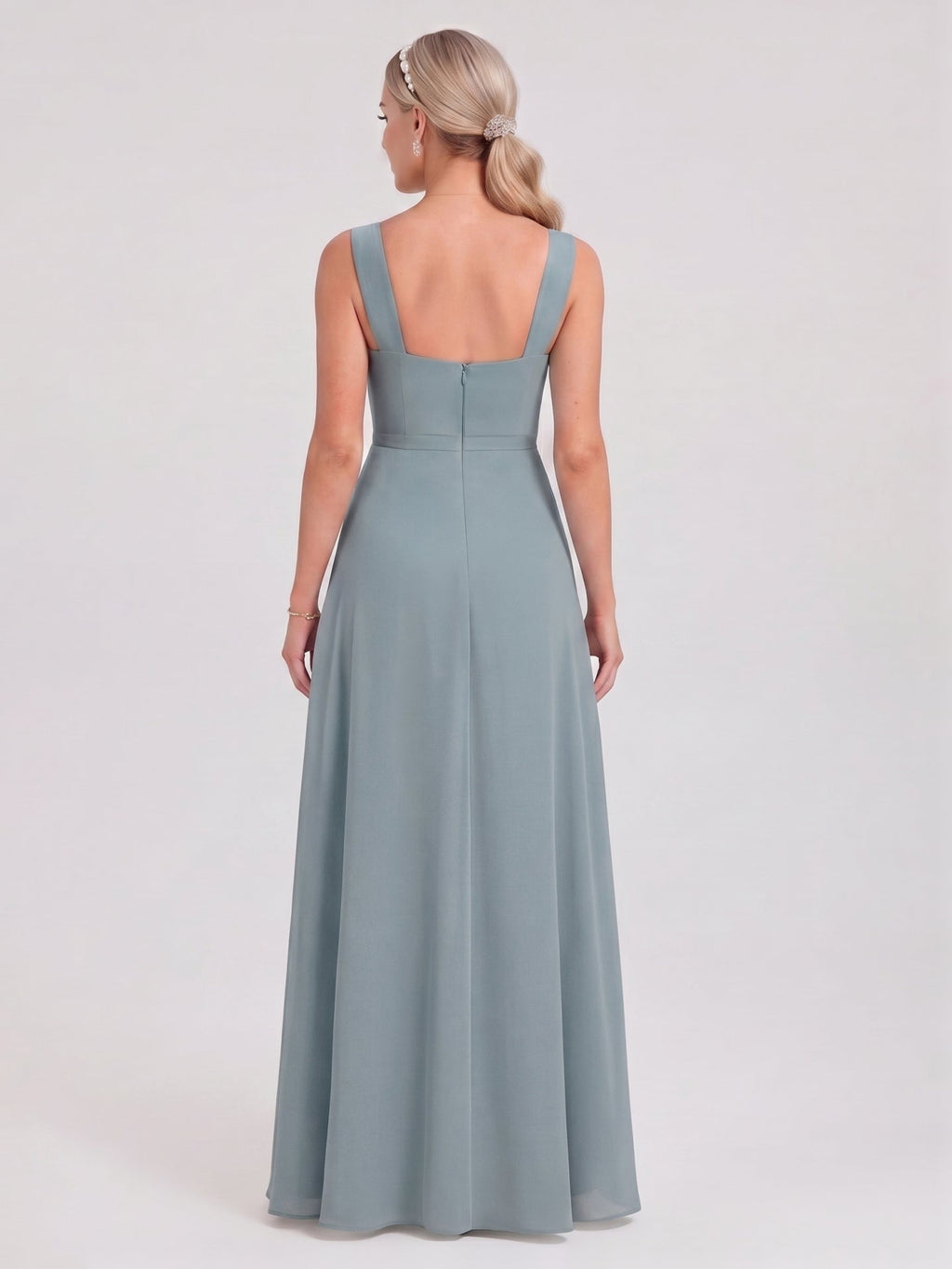 Coquette Dusty Blue Chiffon A-Line Cowl Neck Back Zip with Pleated Ankle-Length Bridesmaid Dress - Curvevia