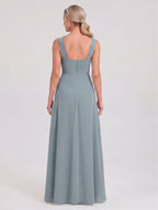 Coquette Dusty Blue Chiffon A-Line Cowl Neck Back Zip with Pleated Ankle-Length Bridesmaid Dress - Curvevia
