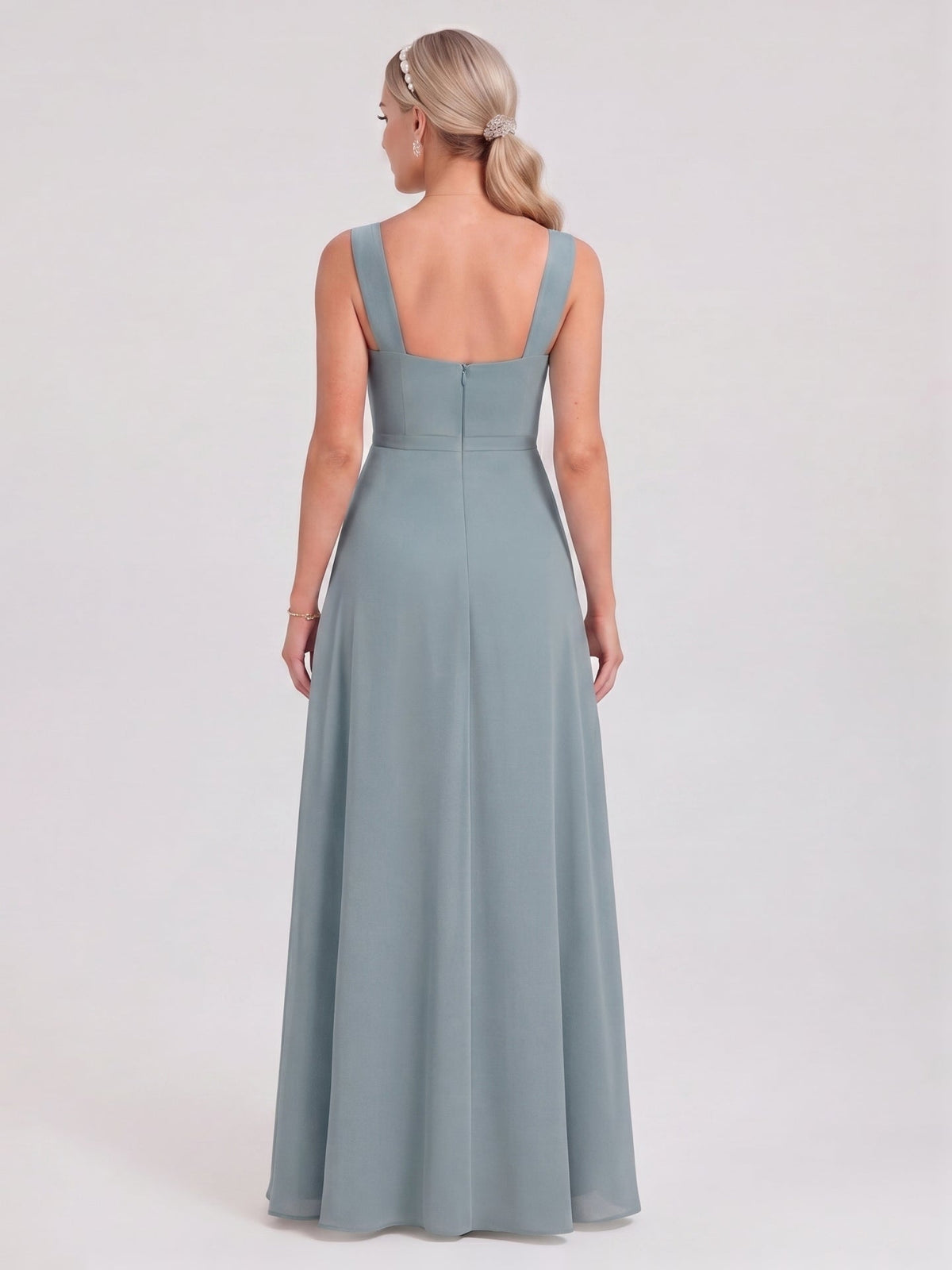 Coquette Dusty Blue Chiffon A-Line Cowl Neck Back Zip with Pleated Ankle-Length Bridesmaid Dress - Curvevia