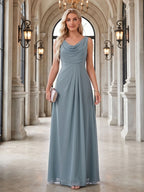 Coquette Dusty Blue Chiffon A-Line Cowl Neck Back Zip with Pleated Ankle-Length Bridesmaid Dress - Curvevia