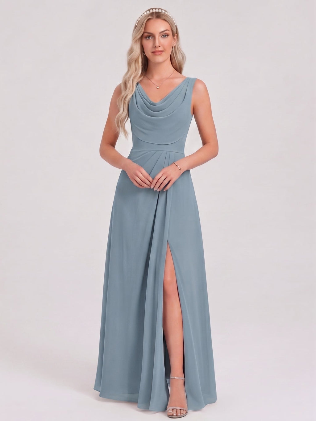 Coquette Dusty Blue Chiffon A-Line Cowl Neck Back Zip with Pleated Ankle-Length Bridesmaid Dress - Curvevia