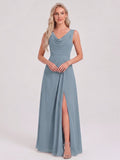 Coquette Dusty Blue Chiffon A-Line Cowl Neck Back Zip with Pleated Ankle-Length Bridesmaid Dress - Curvevia