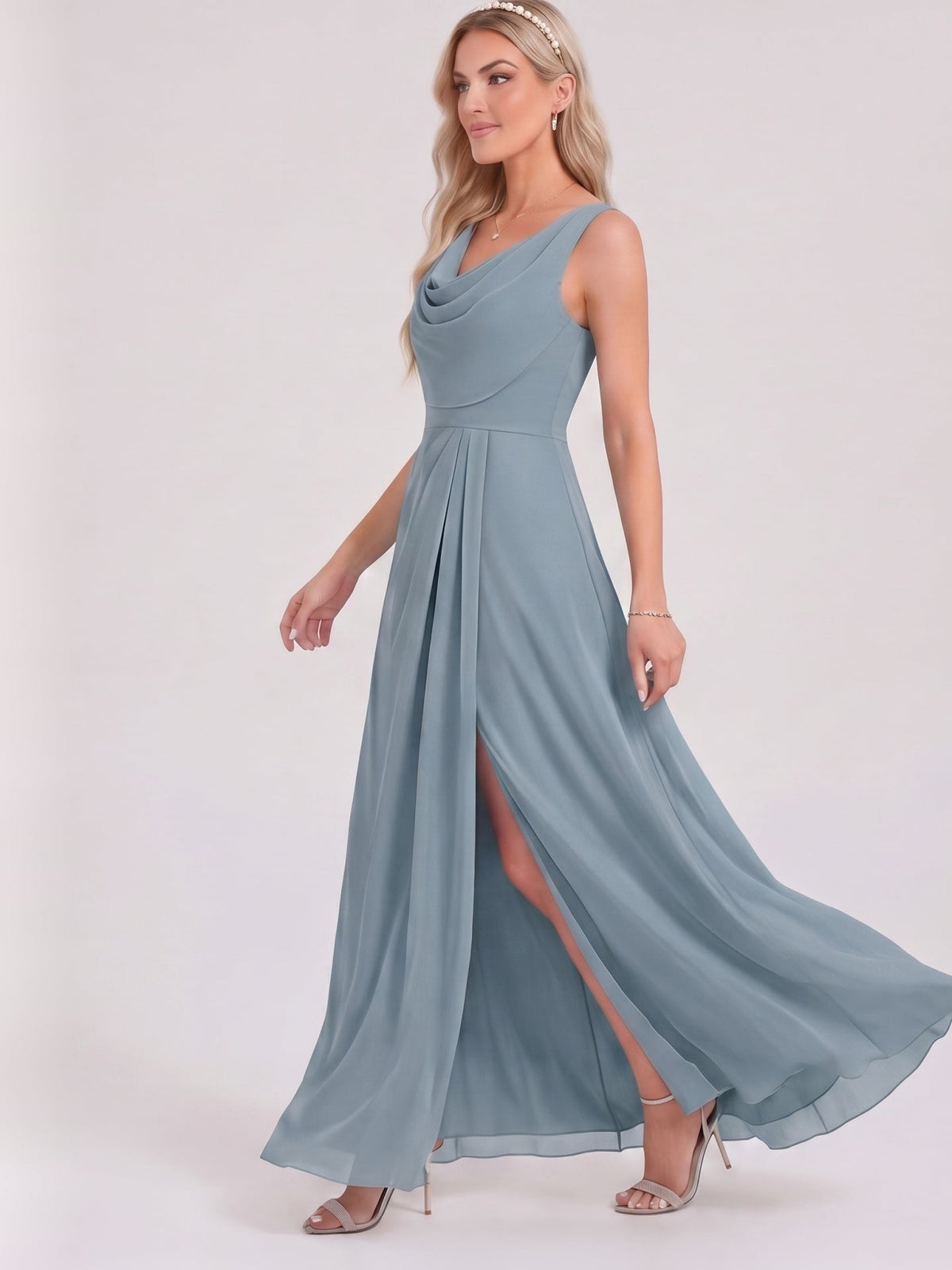 Coquette Dusty Blue Chiffon A-Line Cowl Neck Back Zip with Pleated Ankle-Length Bridesmaid Dress - Curvevia