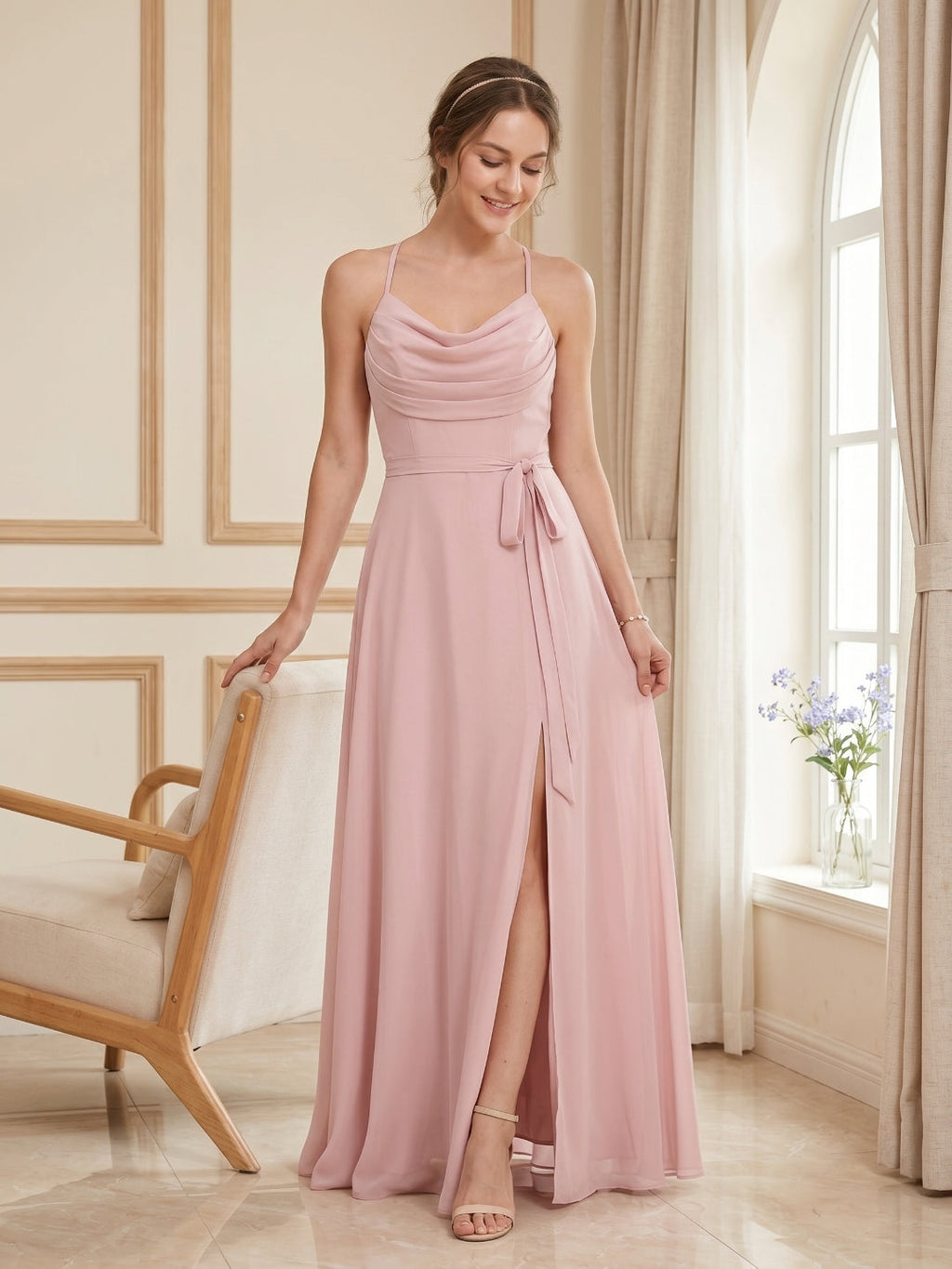Coquette Dusty Rose Chiffon A-Line Cowl Neck Ankle-Length Bridesmaid Dress with Minimalist Design - Curvevia