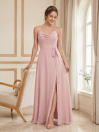 Coquette Dusty Rose Chiffon A-Line Cowl Neck Ankle-Length Bridesmaid Dress with Minimalist Design - Curvevia