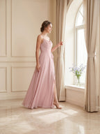 Coquette Dusty Rose Chiffon A-Line Cowl Neck Ankle-Length Bridesmaid Dress with Minimalist Design - Curvevia