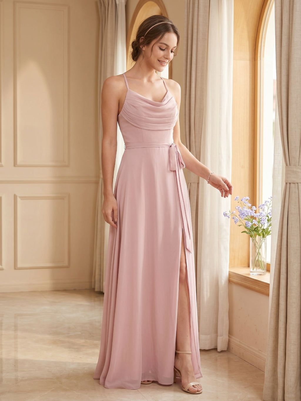 Coquette Dusty Rose Chiffon A-Line Cowl Neck Ankle-Length Bridesmaid Dress with Minimalist Design - Curvevia