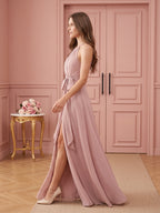 Coquette Dusty Rose Chiffon A-Line Halter neckline Back Zip Ankle-Length Bridesmaid Dress - Curvevia