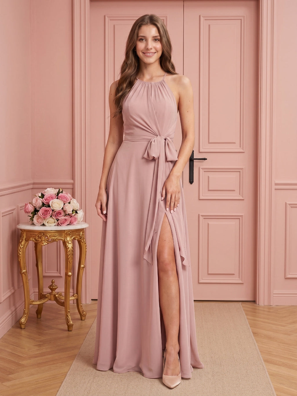 Coquette Dusty Rose Chiffon A-Line Halter neckline Back Zip Ankle-Length Bridesmaid Dress - Curvevia
