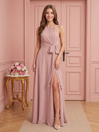 Coquette Dusty Rose Chiffon A-Line Halter neckline Back Zip Ankle-Length Bridesmaid Dress - Curvevia
