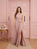 Coquette Dusty Rose Chiffon A-Line Halter neckline Back Zip Ankle-Length Bridesmaid Dress - Curvevia