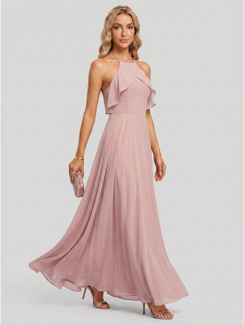 Coquette Dusty Rose Chiffon A-Line Halter neckline Backless Ruffle Ankle-Length Bridesmaid Dress - Curvevia