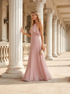 Coquette Dusty Rose Chiffon A-Line Halter neckline Backless Ruffle Ankle-Length Bridesmaid Dress - Curvevia