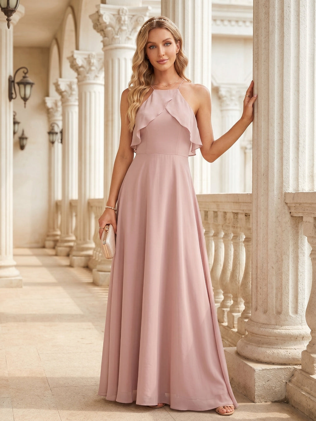 Coquette Dusty Rose Chiffon A-Line Halter neckline Backless Ruffle Ankle-Length Bridesmaid Dress - Curvevia