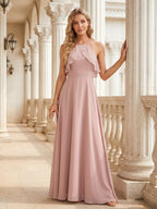 Coquette Dusty Rose Chiffon A-Line Halter neckline Backless Ruffle Ankle-Length Bridesmaid Dress - Curvevia