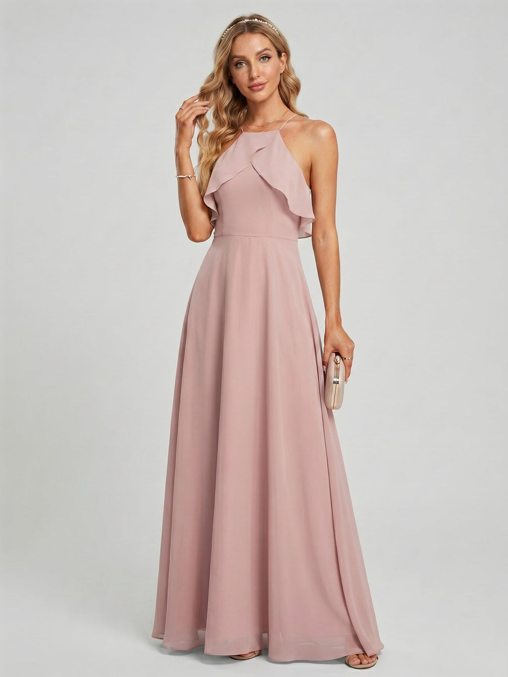 Coquette Dusty Rose Chiffon A-Line Halter neckline Backless Ruffle Ankle-Length Bridesmaid Dress - Curvevia
