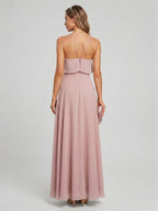 Coquette Dusty Rose Chiffon A-Line Halter neckline Backless Ruffle Ankle-Length Bridesmaid Dress - Curvevia
