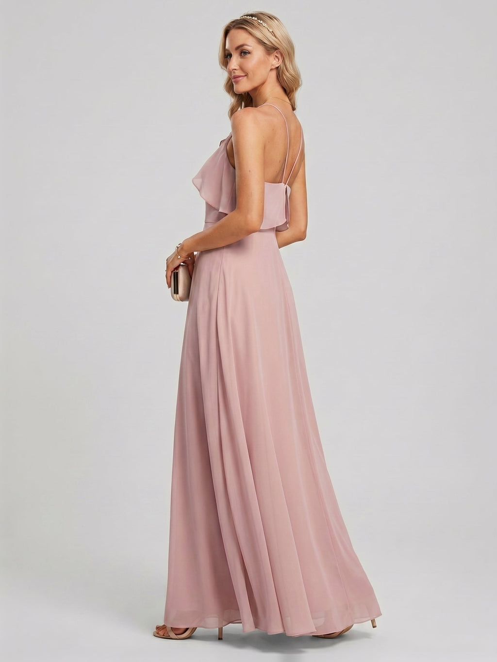Coquette Dusty Rose Chiffon A-Line Halter neckline Backless Ruffle Ankle-Length Bridesmaid Dress - Curvevia