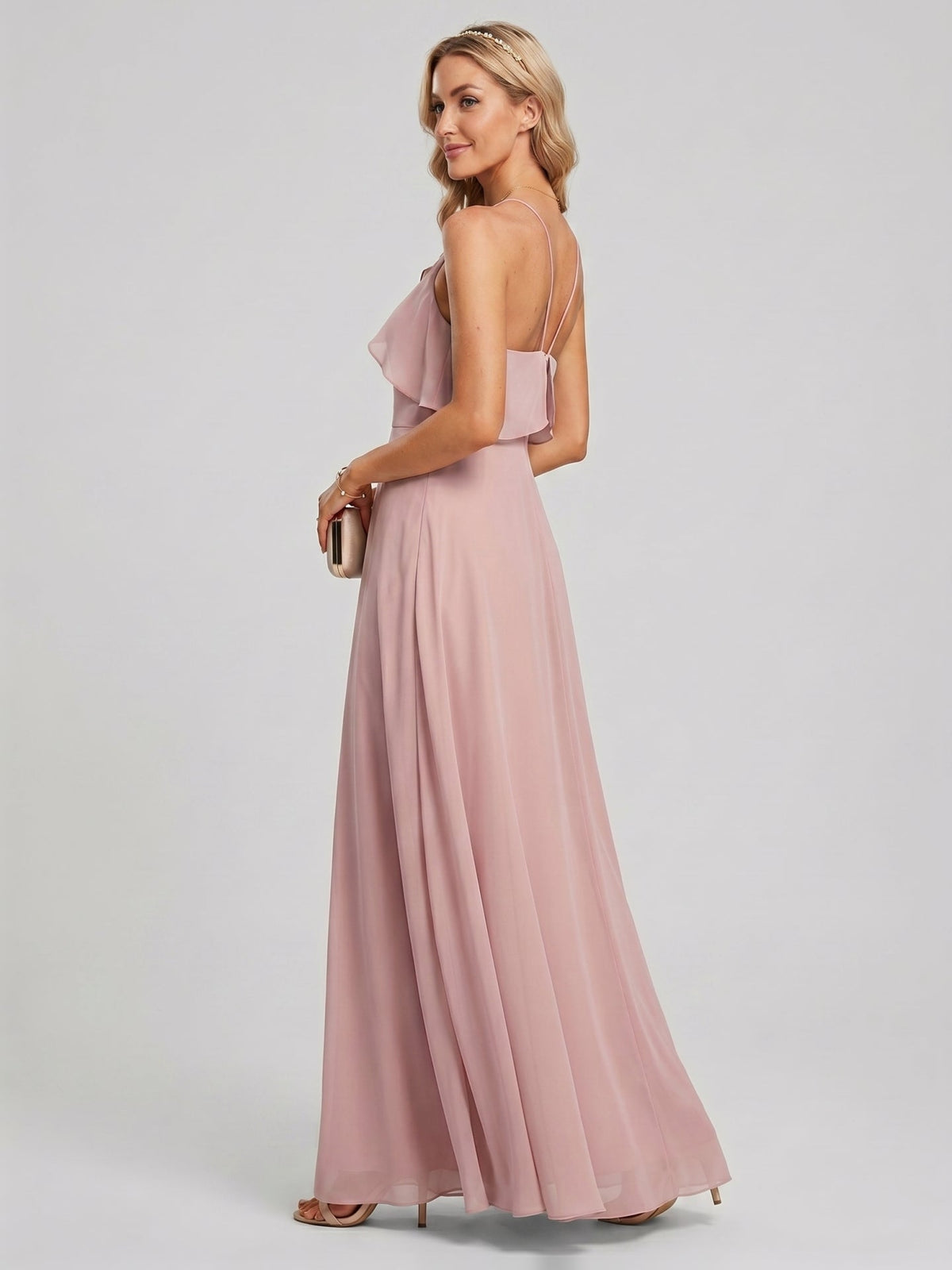 Coquette Dusty Rose Chiffon A-Line Halter neckline Backless Ruffle Ankle-Length Bridesmaid Dress - Curvevia
