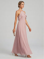 Coquette Dusty Rose Chiffon A-Line Halter neckline Backless Ruffle Ankle-Length Bridesmaid Dress - Curvevia