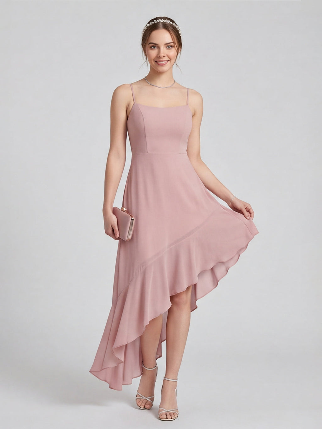 Coquette Dusty Rose Chiffon A-Line Straight Neck Asymmetrical Bridesmaid Dress with Minimalist Design - Curvevia