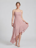 Coquette Dusty Rose Chiffon A-Line Straight Neck Asymmetrical Bridesmaid Dress with Minimalist Design - Curvevia