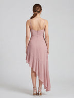 Coquette Dusty Rose Chiffon A-Line Straight Neck Asymmetrical Bridesmaid Dress with Minimalist Design - Curvevia