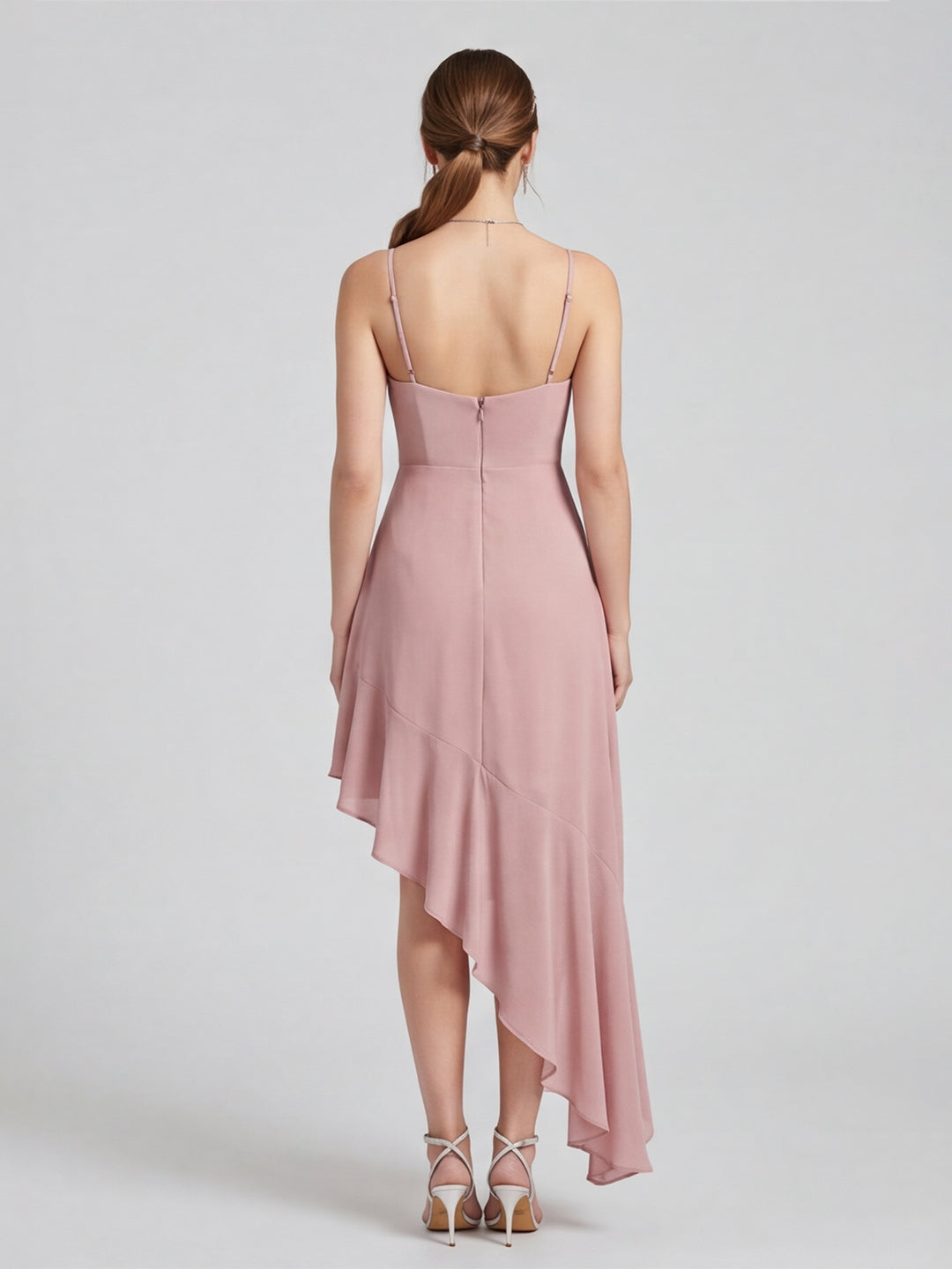 Coquette Dusty Rose Chiffon A-Line Straight Neck Asymmetrical Bridesmaid Dress with Minimalist Design - Curvevia