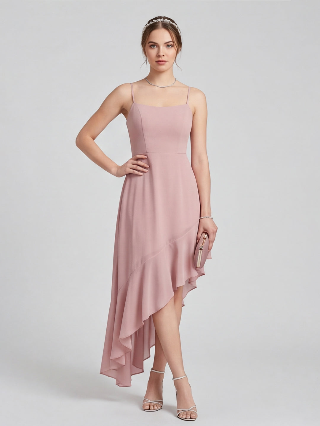 Coquette Dusty Rose Chiffon A-Line Straight Neck Asymmetrical Bridesmaid Dress with Minimalist Design - Curvevia